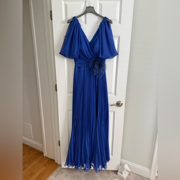 Valerio Luna Royal Blue Pleated V-Neck Maxi Dress with Feather Waist Accent